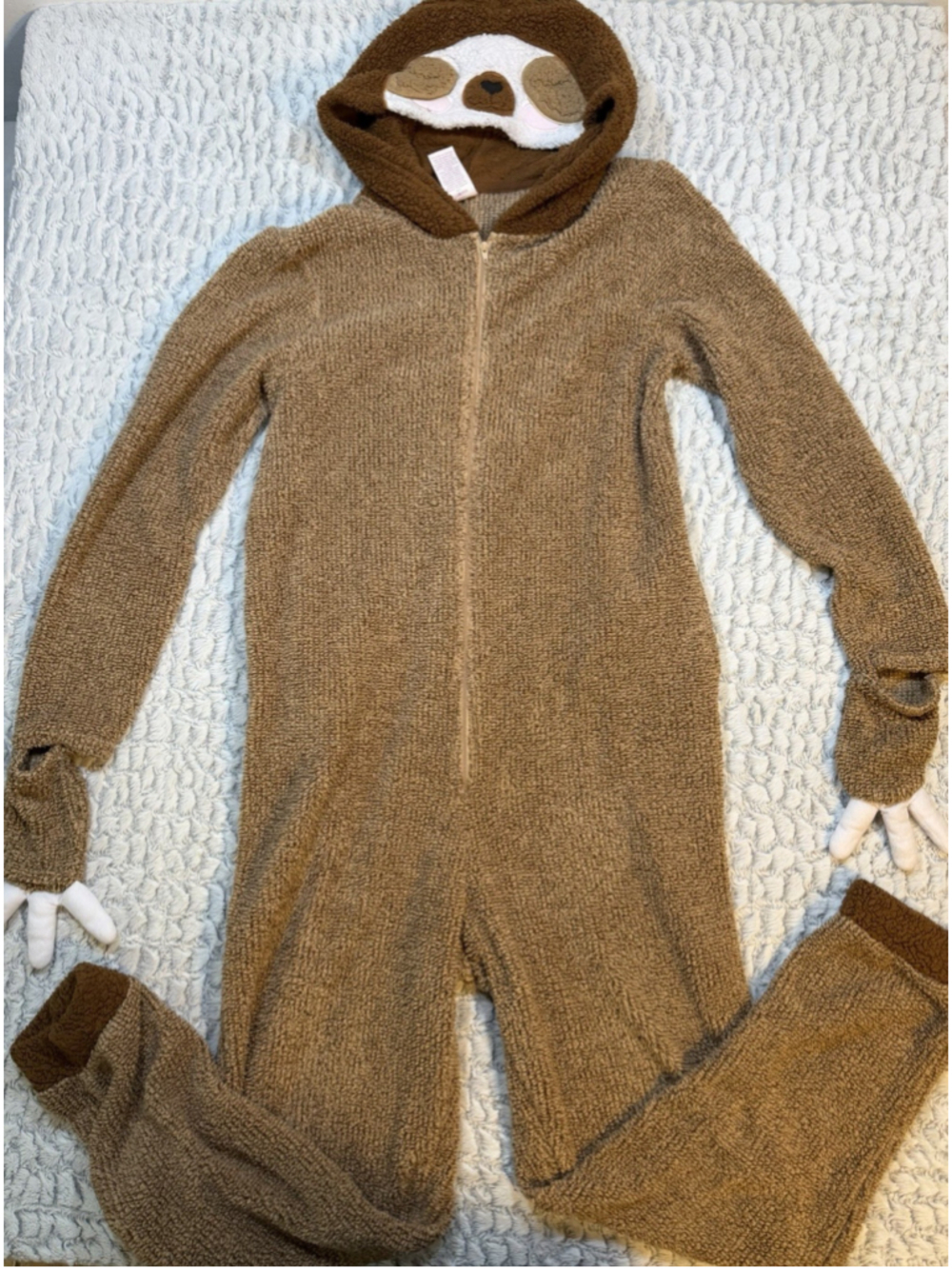 Secret Treasures Sloth Hooded Fleece One-Piece Pajamas Zip Brown L/G 12-14